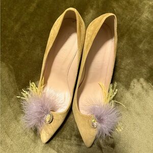 J. Crew  collection Yellow Mustard Tan Suede Heels with Purple Feather Accent